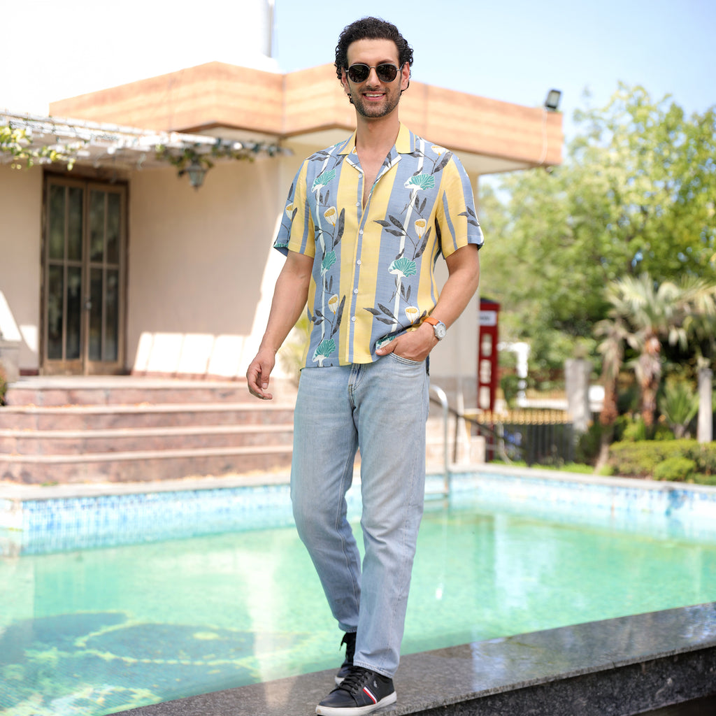 Men’s Tropical Printed Half Sleeve Shirt – Yellow & Blue Casual Summer Shirt