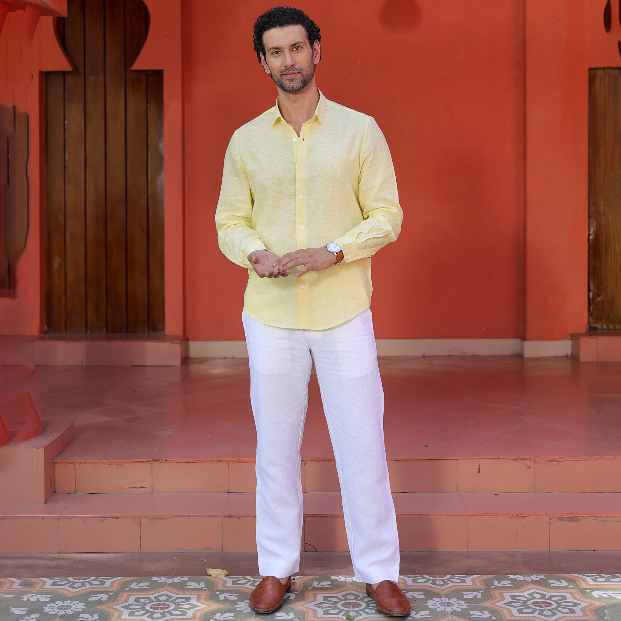 Men’s 100% Pure Linen Solid Shirt – Pastel Yellow