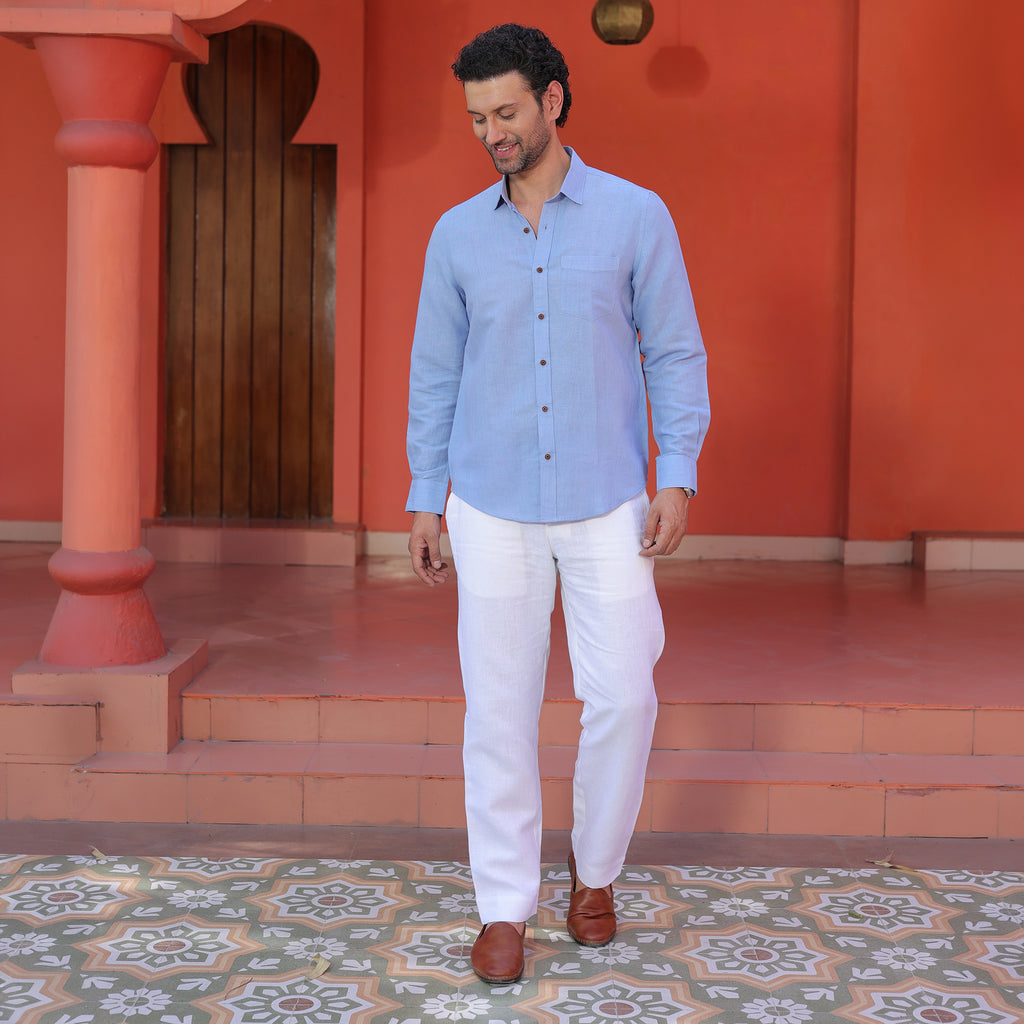 Men’s Premium Linen Blend Solid Shirt – Sky Blue