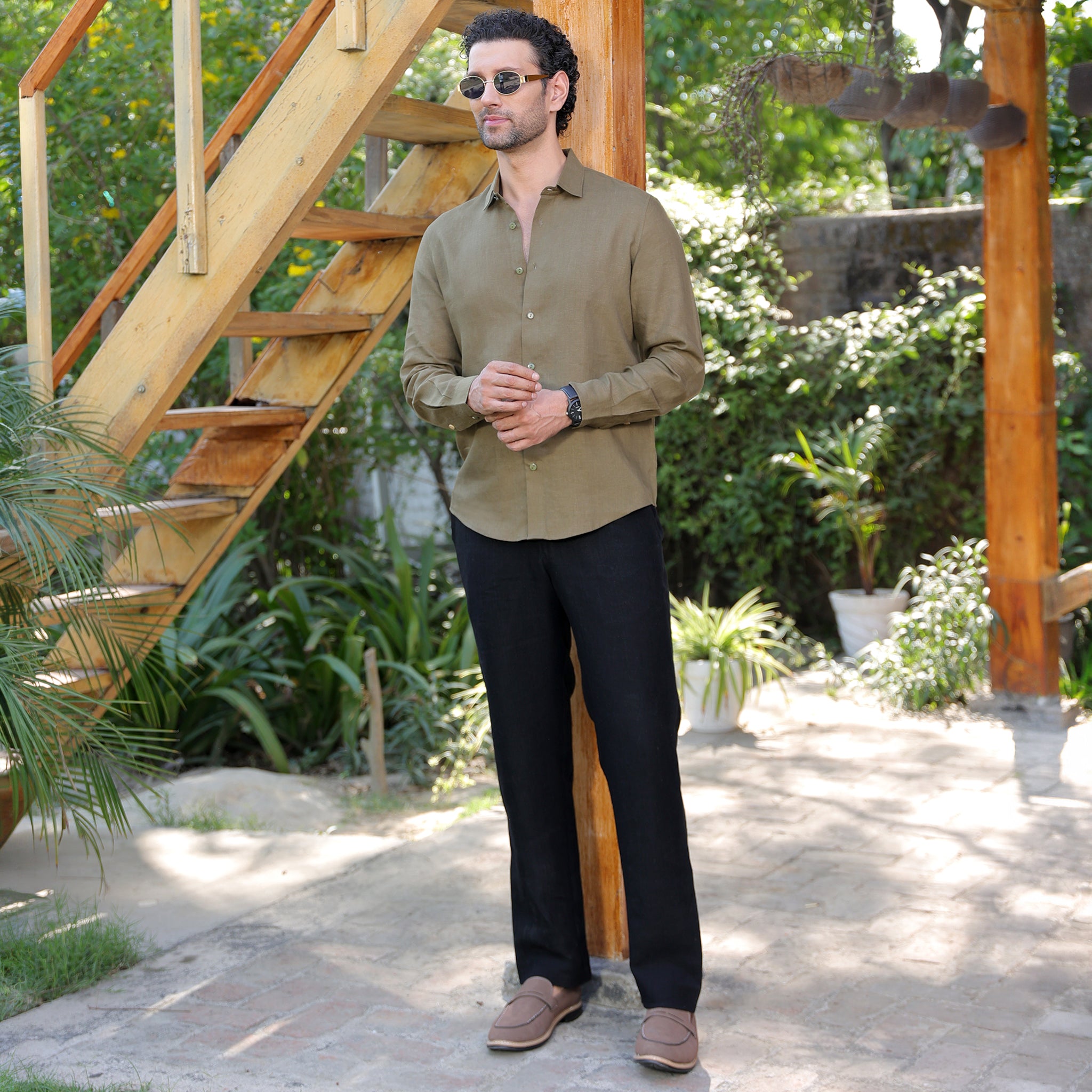 Men’s olive green 100% Linen Solid Casual Shirt – Premium Breathable Summer Wear