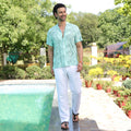Men’s Mint Green Micro Printed Resort Shirt – Casual Half Sleeve Summer Shirt