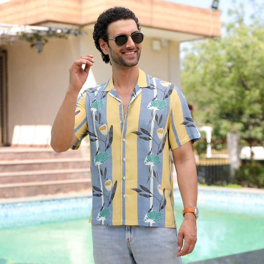 Men’s Tropical Printed Half Sleeve Shirt – Yellow & Blue Casual Summer Shirt