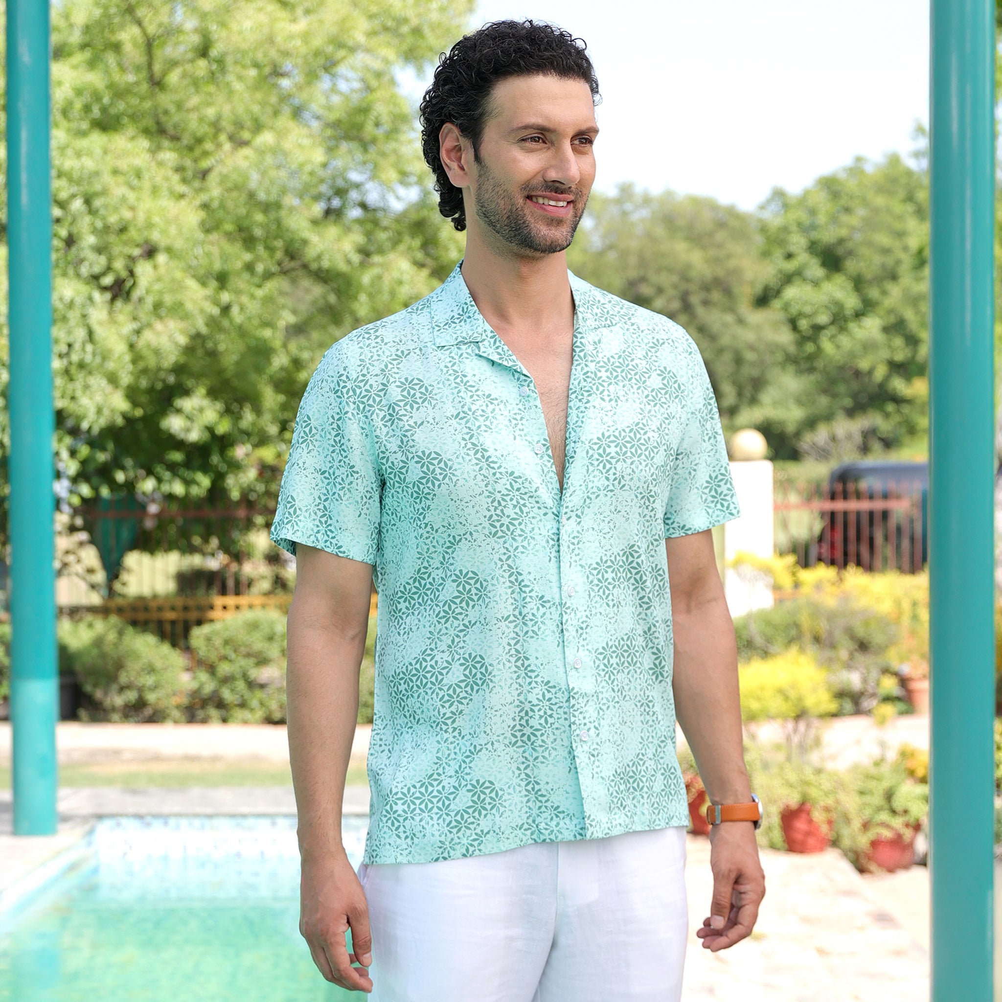 Men’s Mint Green Micro Printed Resort Shirt – Casual Half Sleeve Summer Shirt