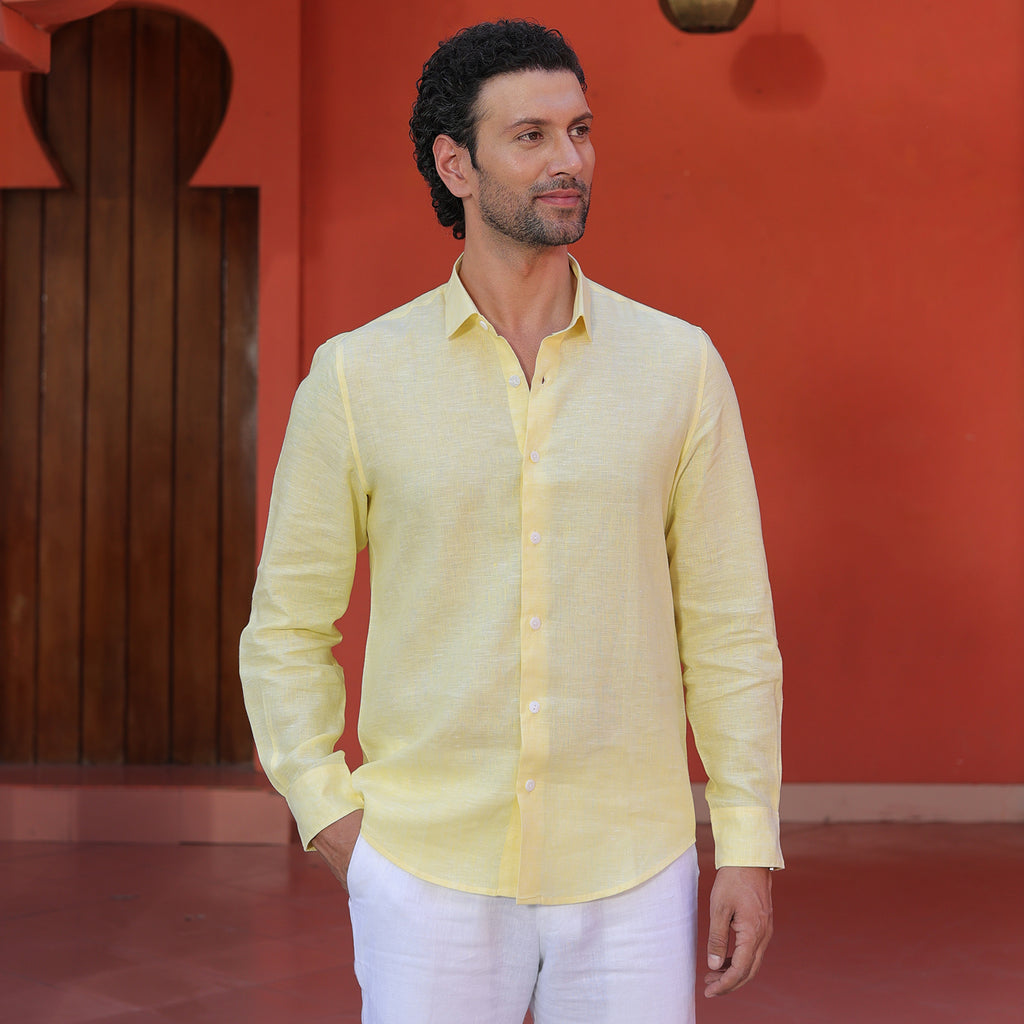 Men’s 100% Pure Linen Solid Shirt – Pastel Yellow