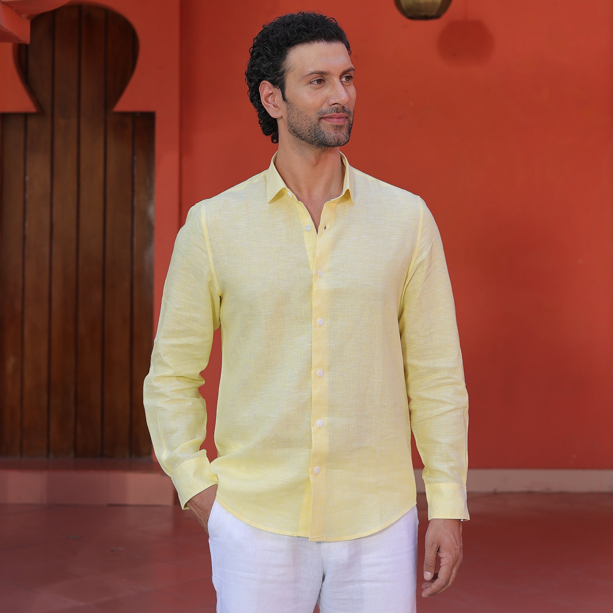 Men’s 100% Pure Linen Solid Shirt – Pastel Yellow