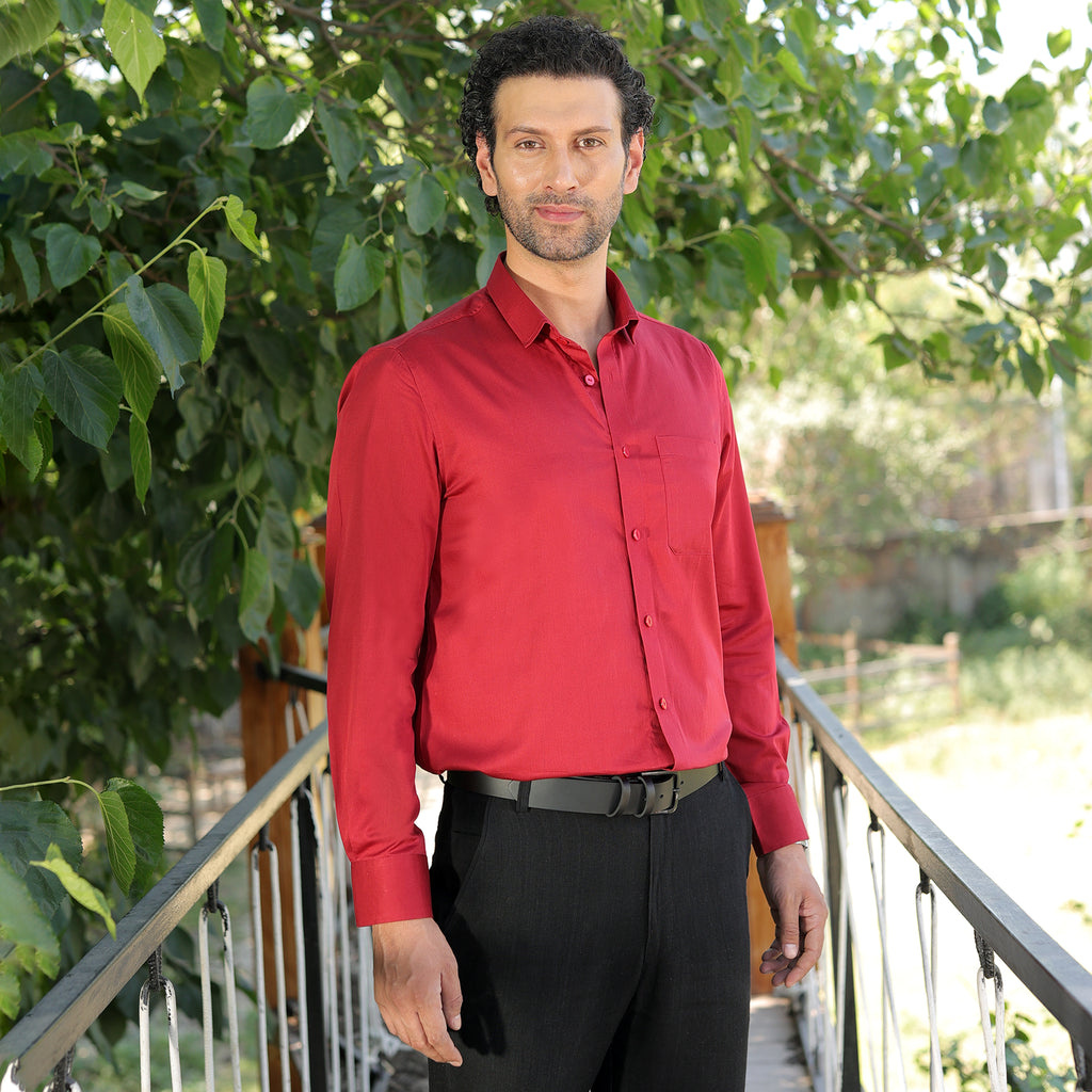 Men’s 100% Pure satin cotton Solid Shirt – Classic Red