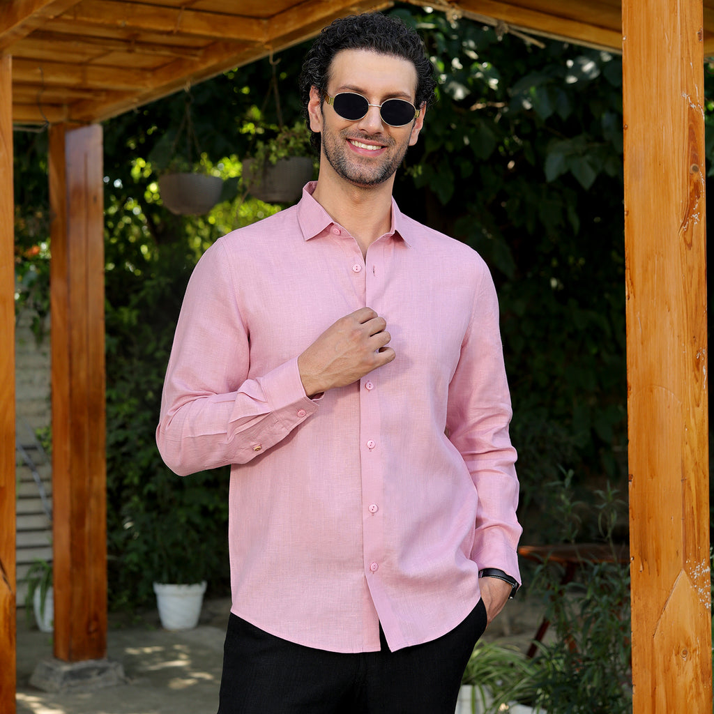 Men’s 100% Pure Linen Solid Shirt – Blush Pink