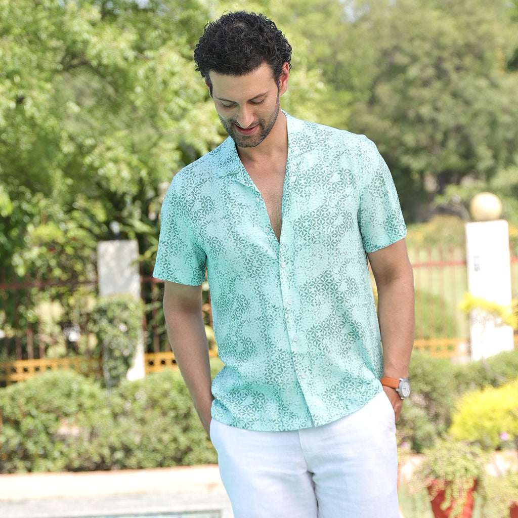 Men’s Mint Green Micro Printed Resort Shirt – Casual Half Sleeve Summer Shirt