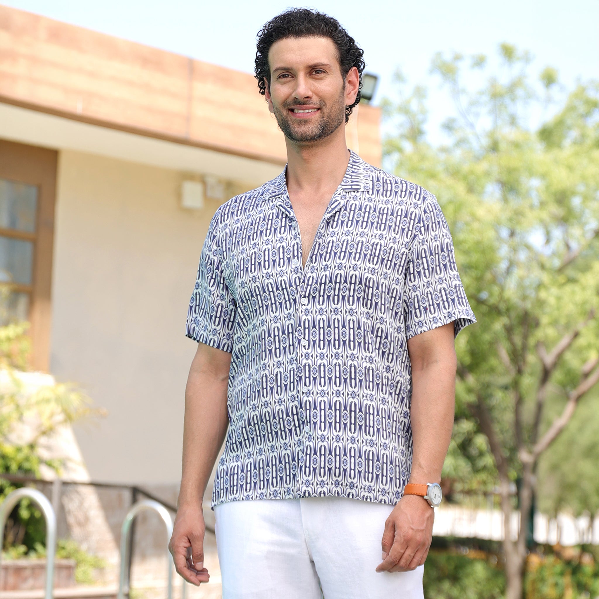 Men’s Abstract Printed Resort Shirt – Grey Casual Half Sleeve Shirt