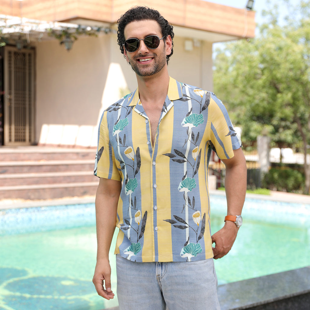 Men’s Tropical Printed Half Sleeve Shirt – Yellow & Blue Casual Summer Shirt