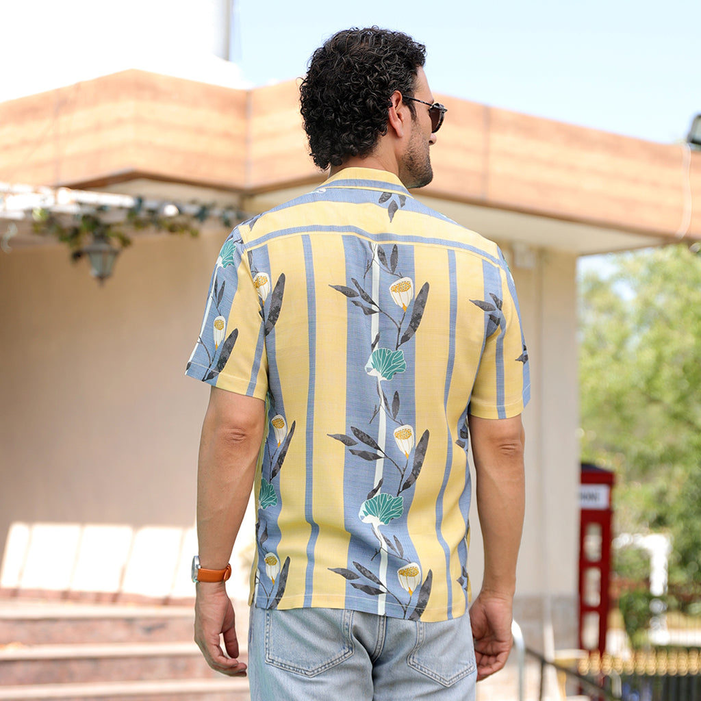 Men’s Tropical Printed Half Sleeve Shirt – Yellow & Blue Casual Summer Shirt