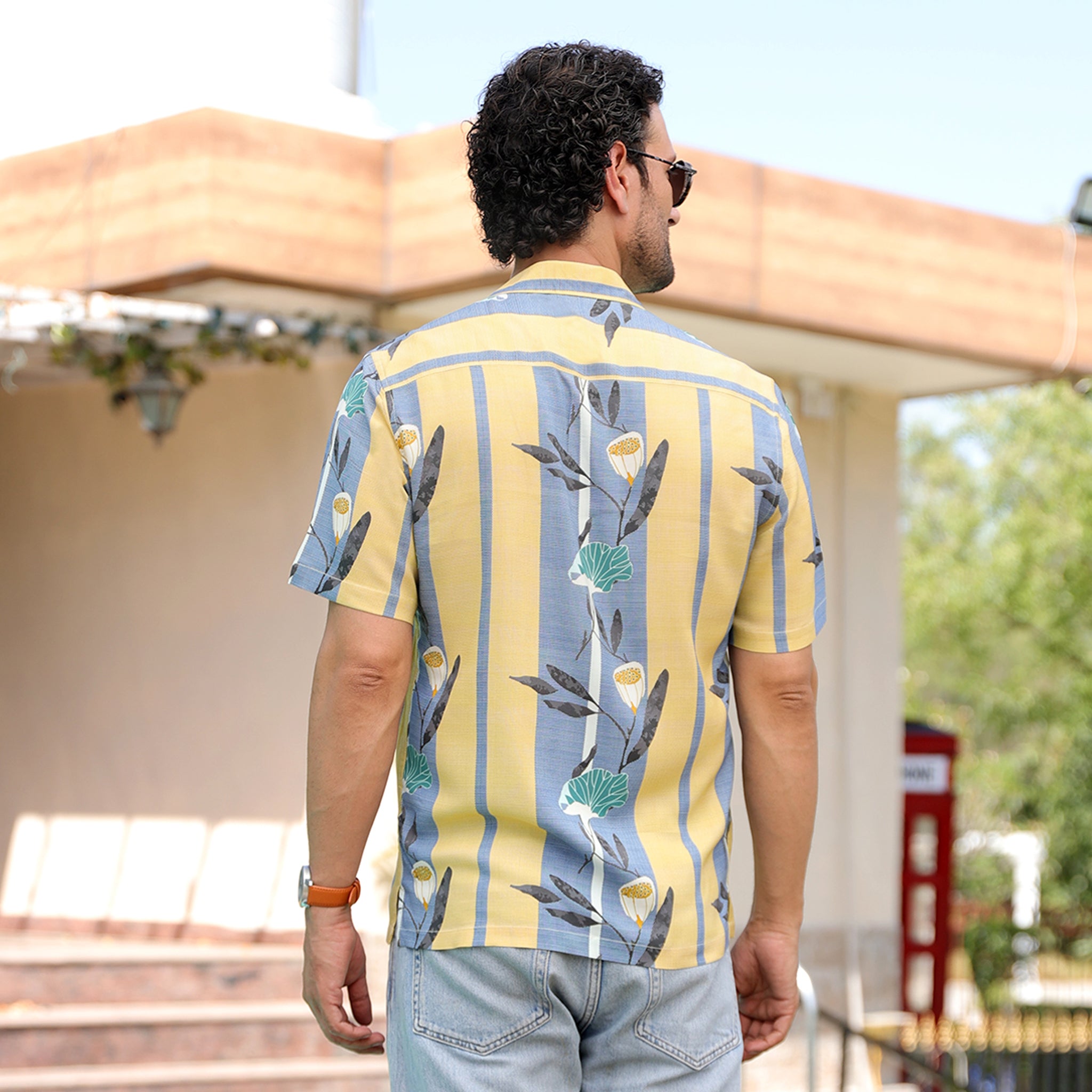 Men’s Tropical Printed Half Sleeve Shirt – Yellow & Blue Casual Summer Shirt