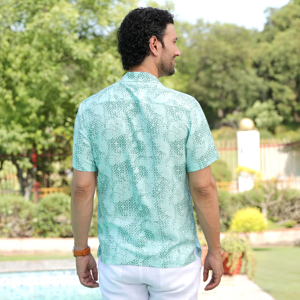 Men’s Mint Green Micro Printed Resort Shirt – Casual Half Sleeve Summer Shirt
