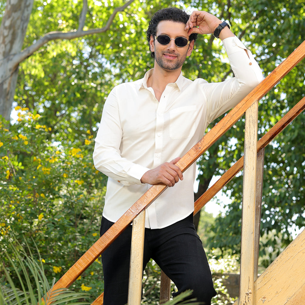 Men’s 100% Pure cotton satin Solid Shirt – Ivory