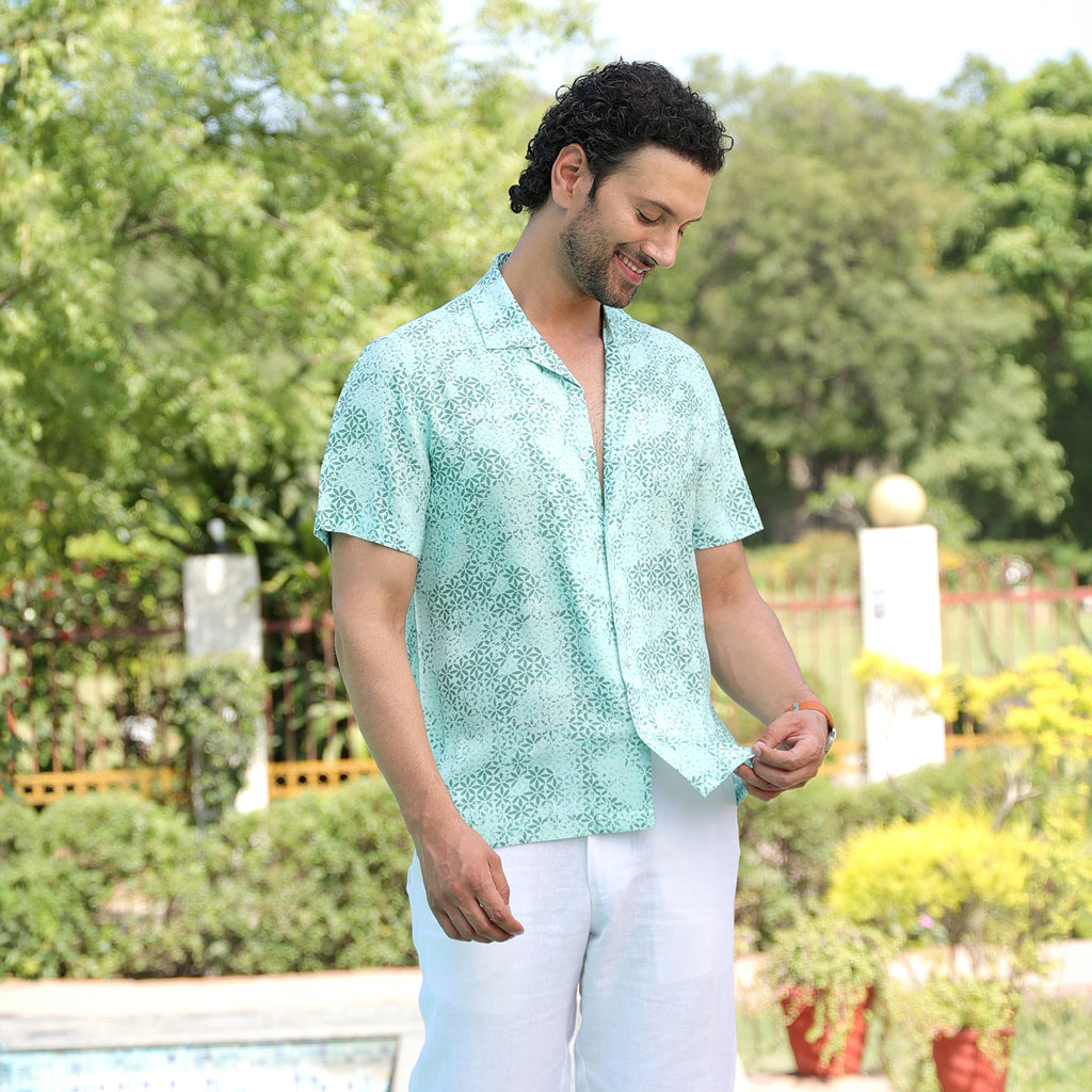 Men’s Mint Green Micro Printed Resort Shirt – Casual Half Sleeve Summer Shirt
