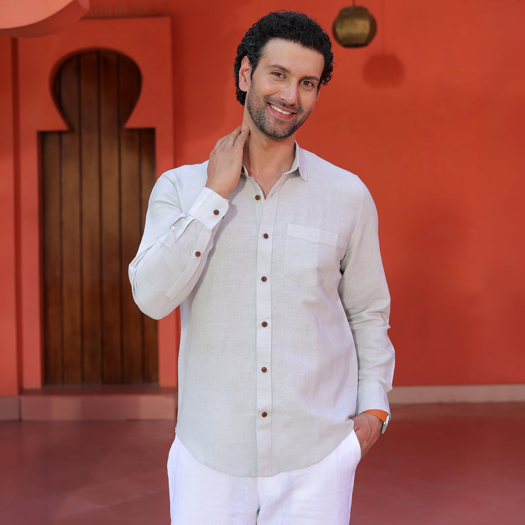 Men’s Premium 100% Linen Solid Shirt – Soft Beige