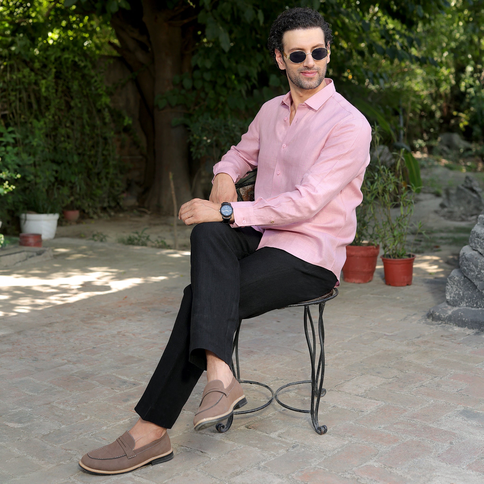 Men’s 100% Pure Linen Solid Shirt – Blush Pink