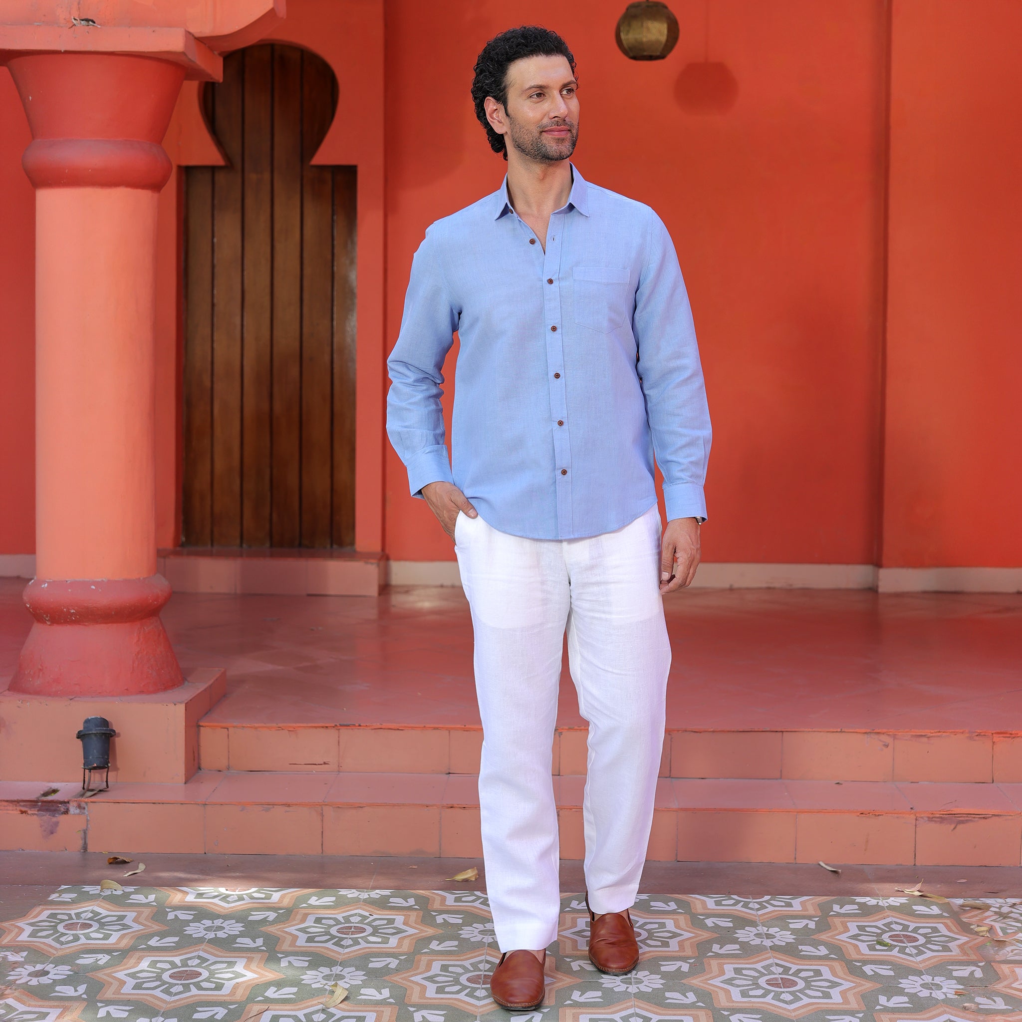 Men’s Premium Linen Blend Solid Shirt – Sky Blue