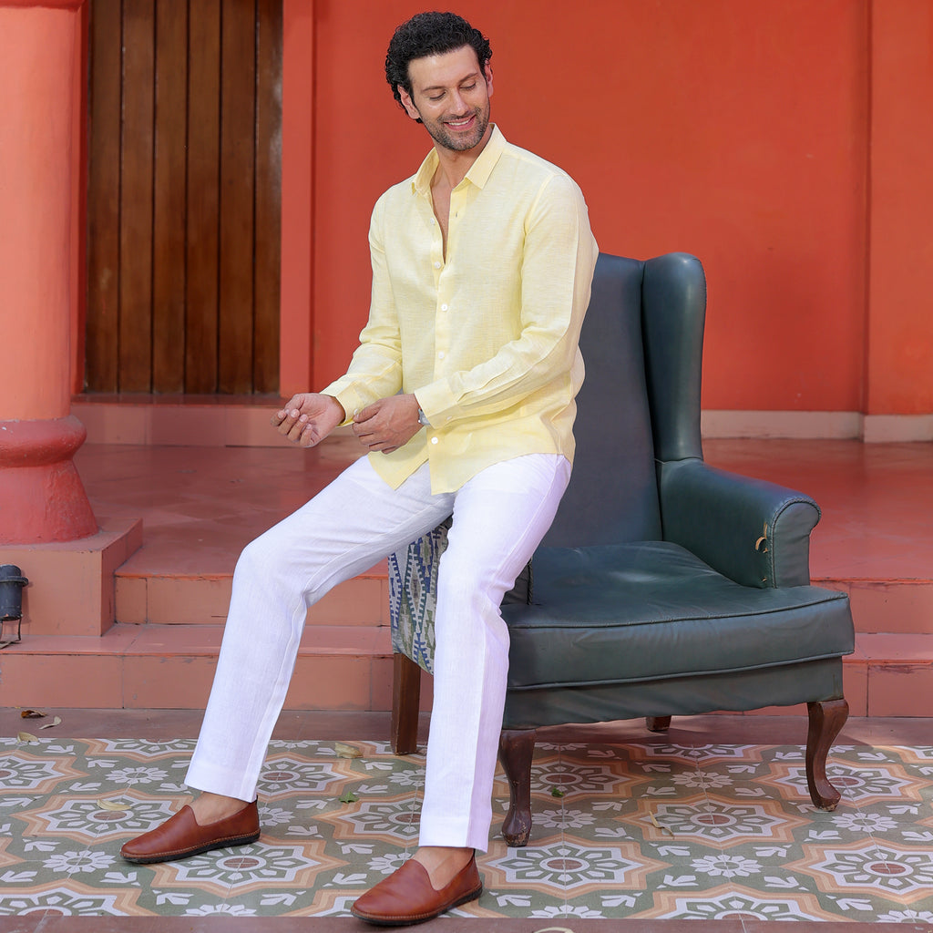 Men’s 100% Pure Linen Solid Shirt – Pastel Yellow