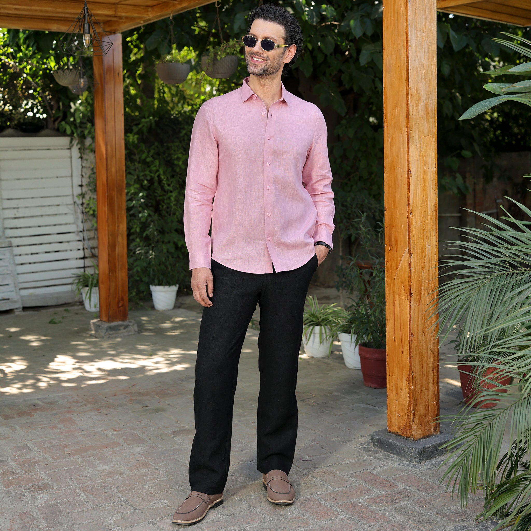 Men’s 100% Pure Linen Solid Shirt – Blush Pink
