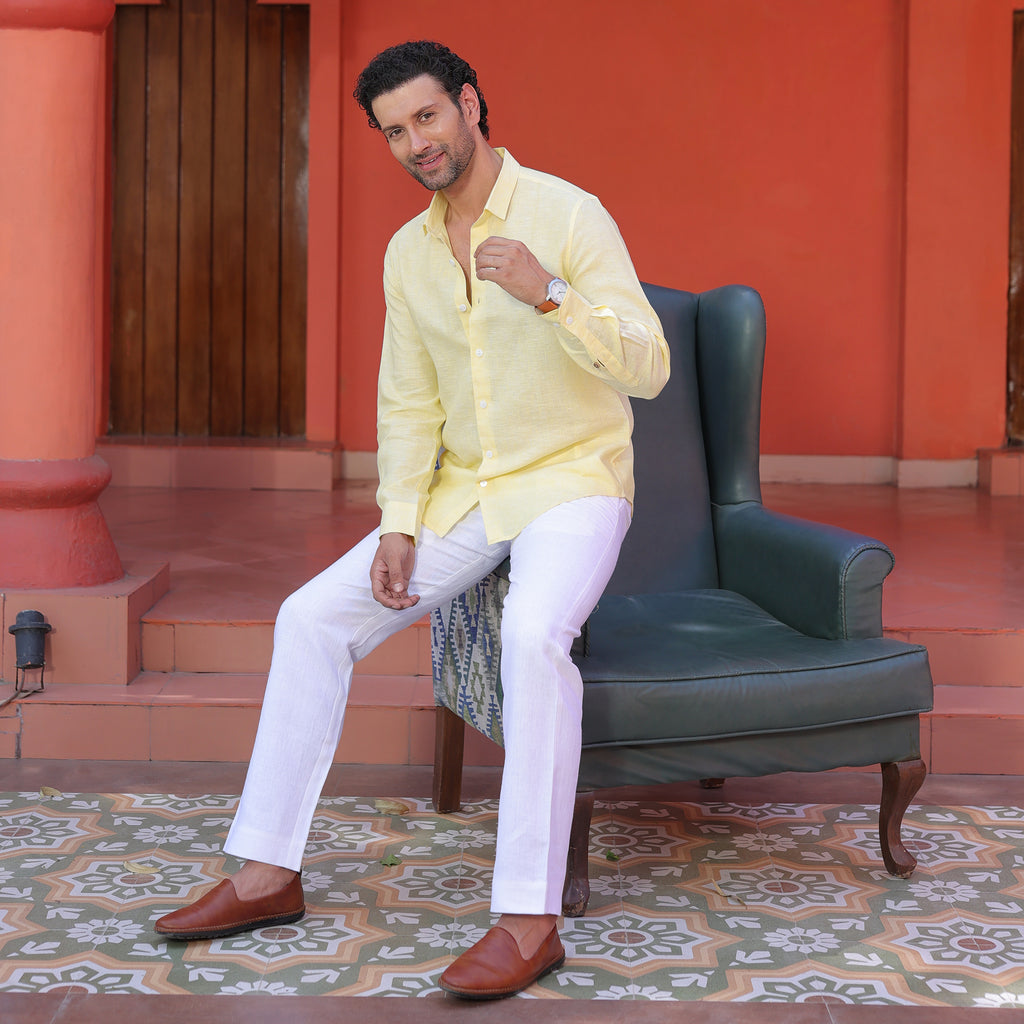 Men’s 100% Pure Linen Solid Shirt – Pastel Yellow