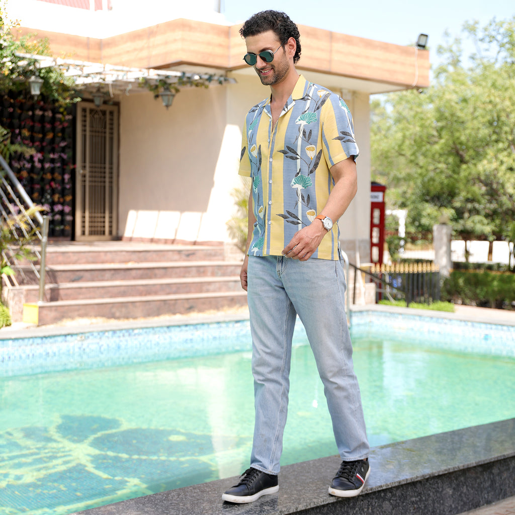 Men’s Tropical Printed Half Sleeve Shirt – Yellow & Blue Casual Summer Shirt