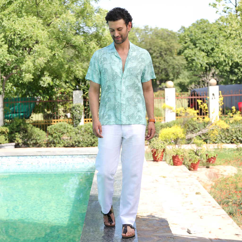 Men’s Mint Green Micro Printed Resort Shirt – Casual Half Sleeve Summer Shirt