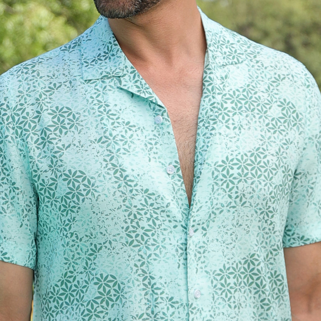 Men’s Mint Green Micro Printed Resort Shirt – Casual Half Sleeve Summer Shirt