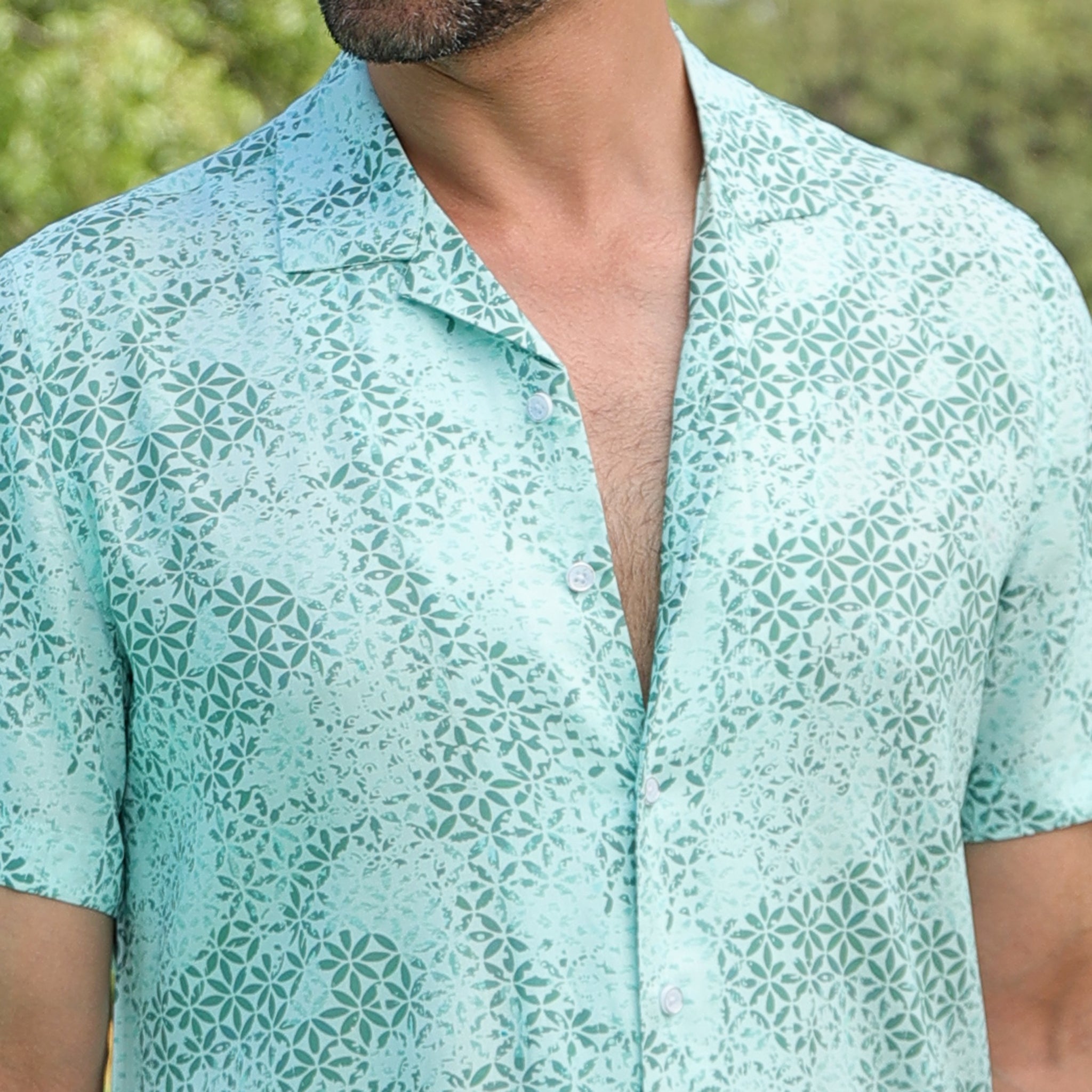 Men’s Mint Green Micro Printed Resort Shirt – Casual Half Sleeve Summer Shirt