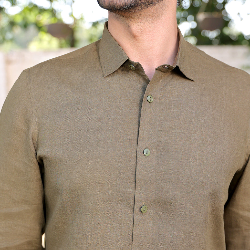 Men’s olive green 100% Linen Solid Casual Shirt – Premium Breathable Summer Wear