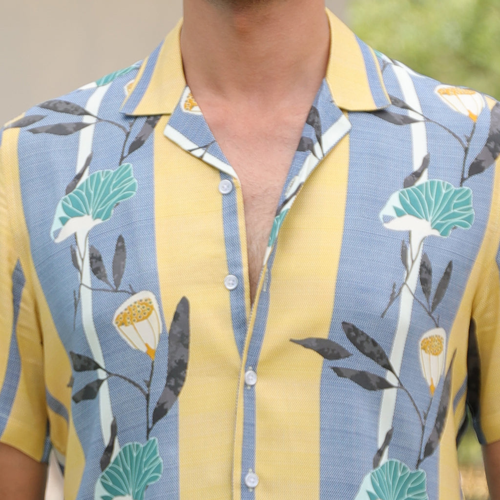 Men’s Tropical Printed Half Sleeve Shirt – Yellow & Blue Casual Summer Shirt