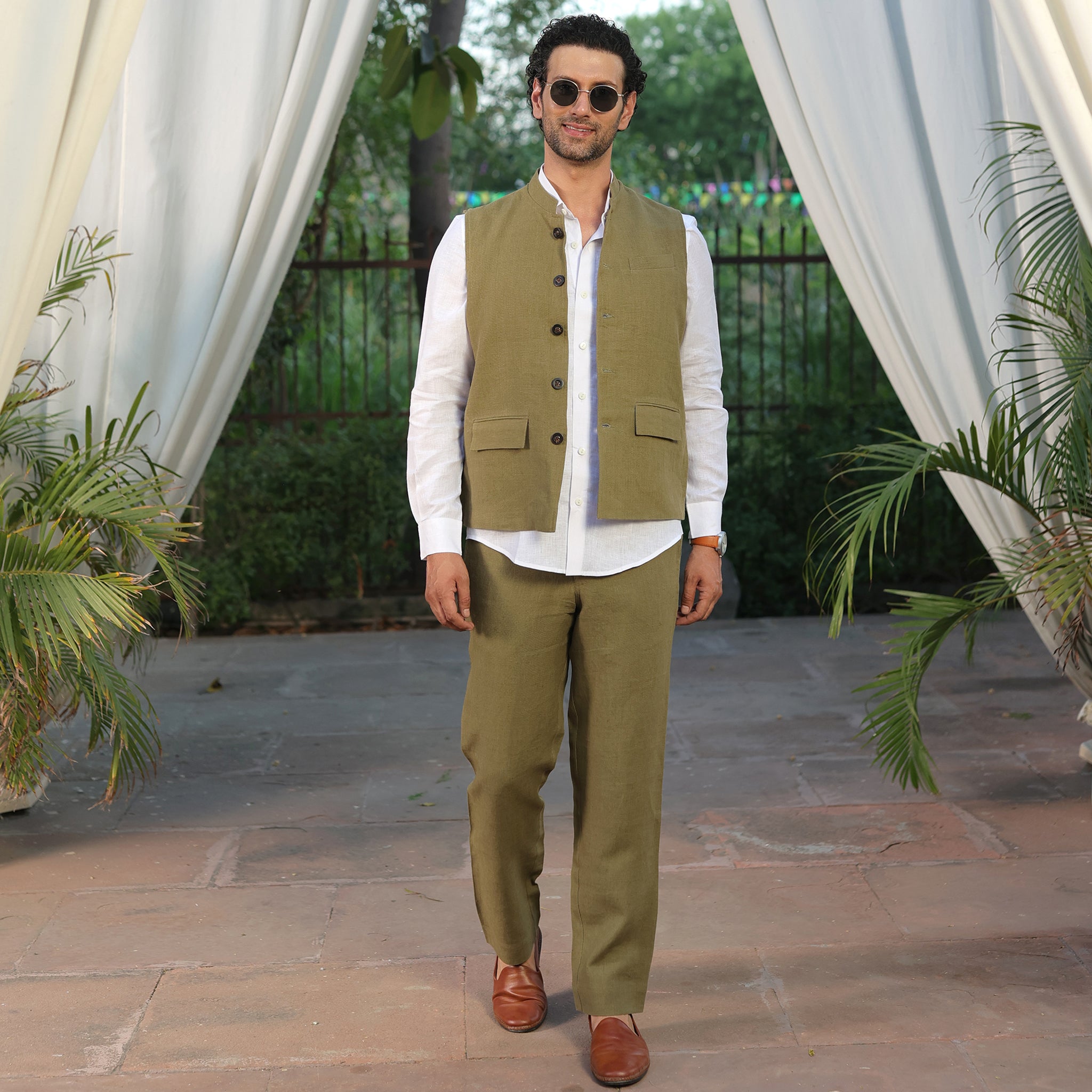 Men’s Sage Green Linen Blend Nehru Waistcoat