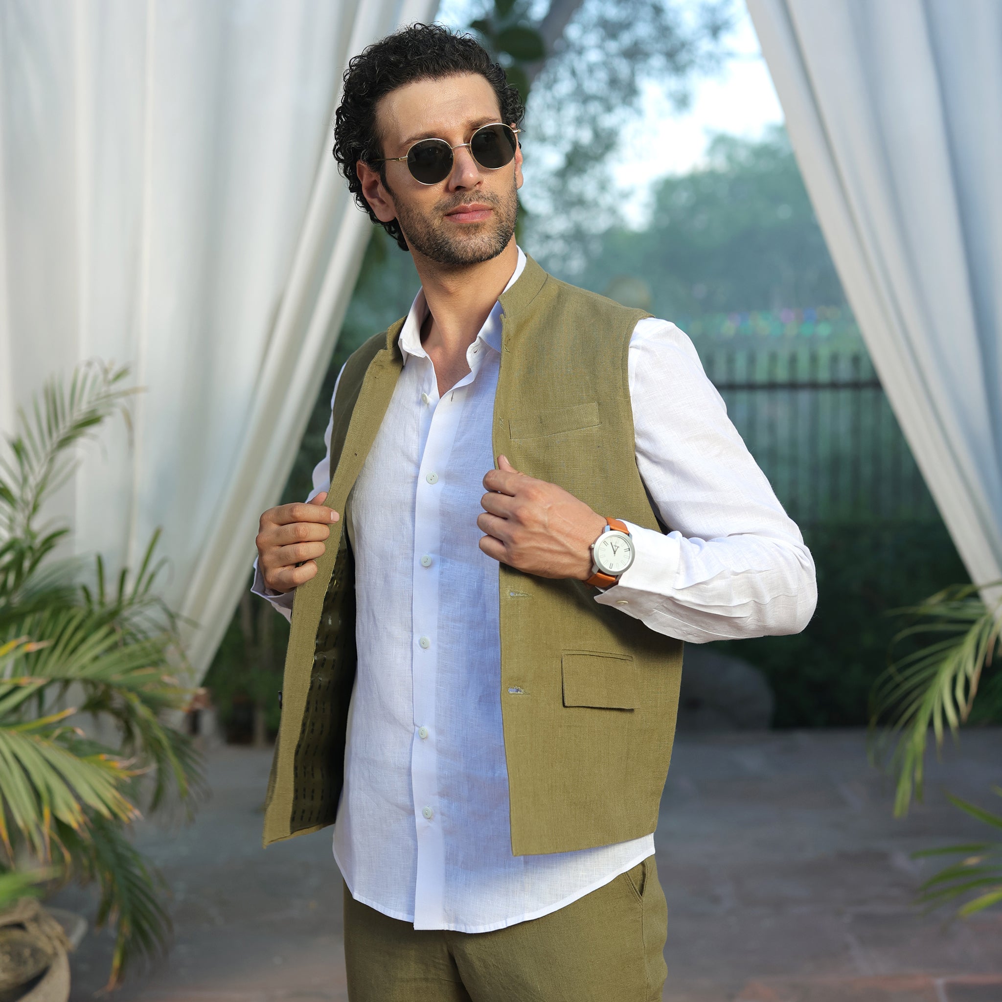 Men’s Sage Green Linen Blend Nehru Waistcoat