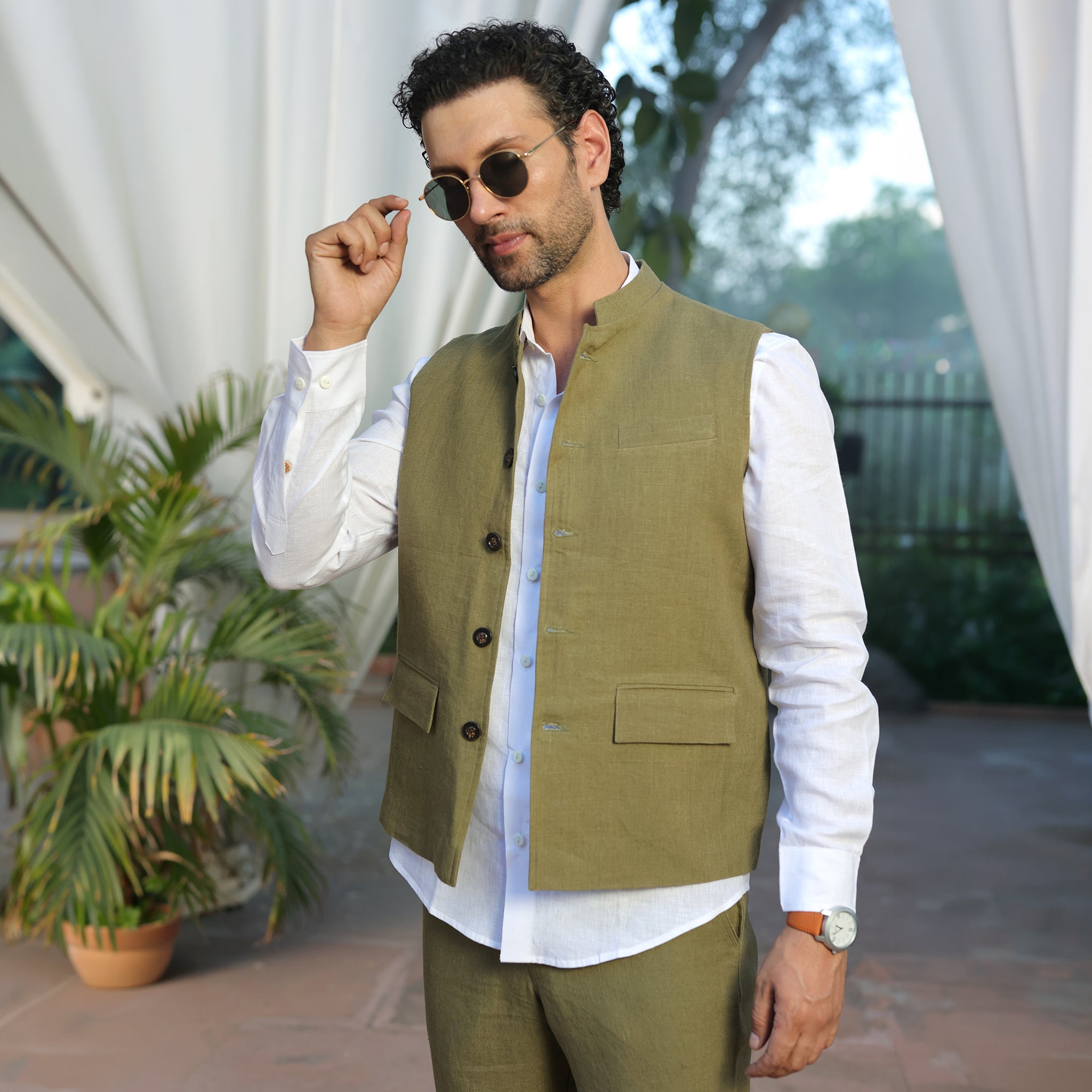 Men’s Sage Green Linen Blend Nehru Waistcoat