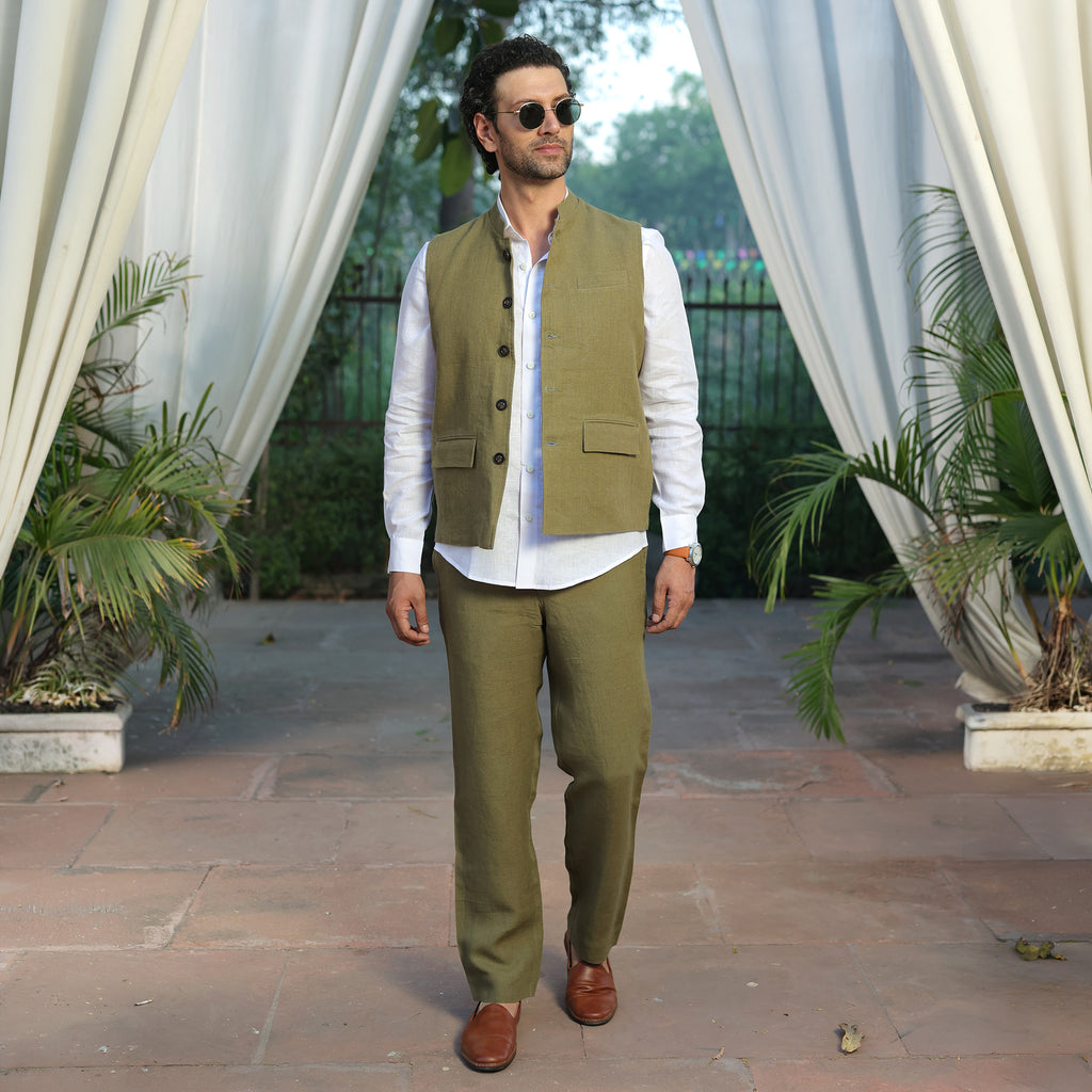 Men’s Sage Green Linen Blend Nehru Waistcoat