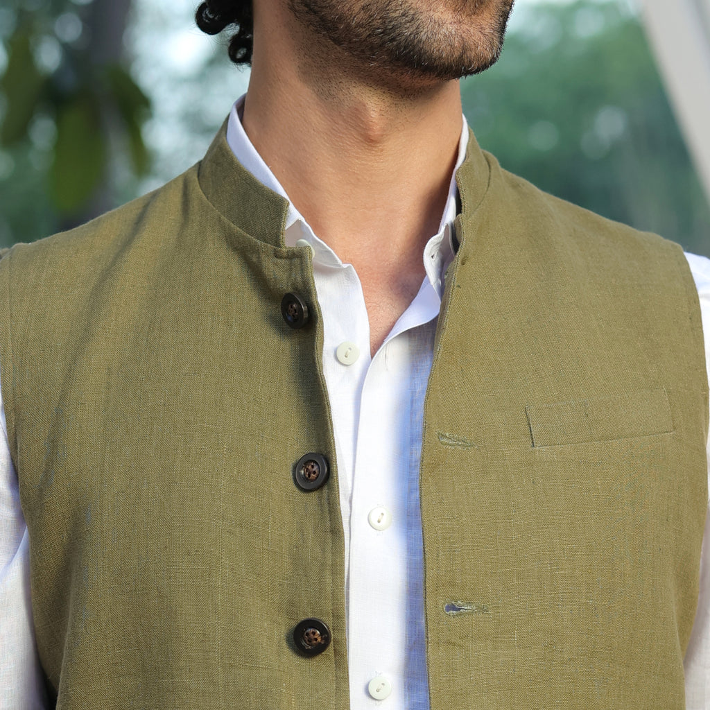 Men’s Sage Green Linen Blend Nehru Waistcoat