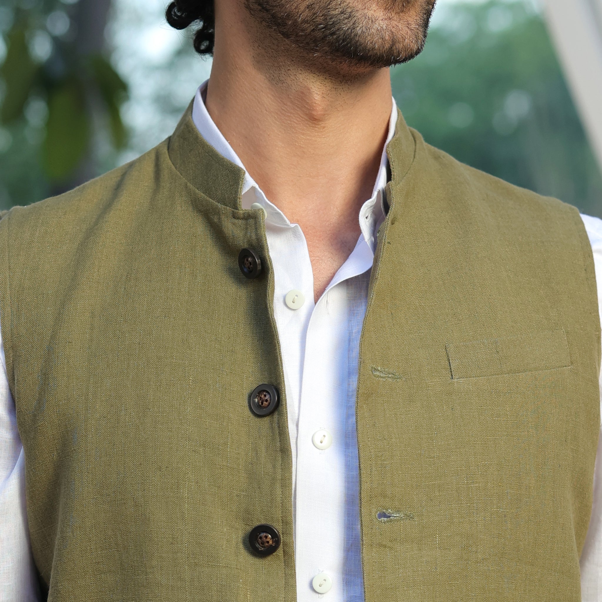 Men’s Sage Green Linen Blend Nehru Waistcoat