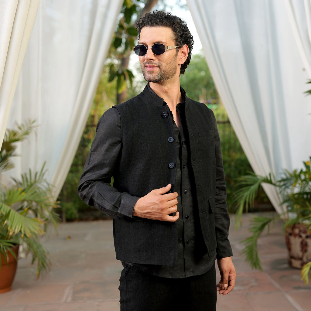 Men’s Black Linen Blend Nehru Waistcoat
