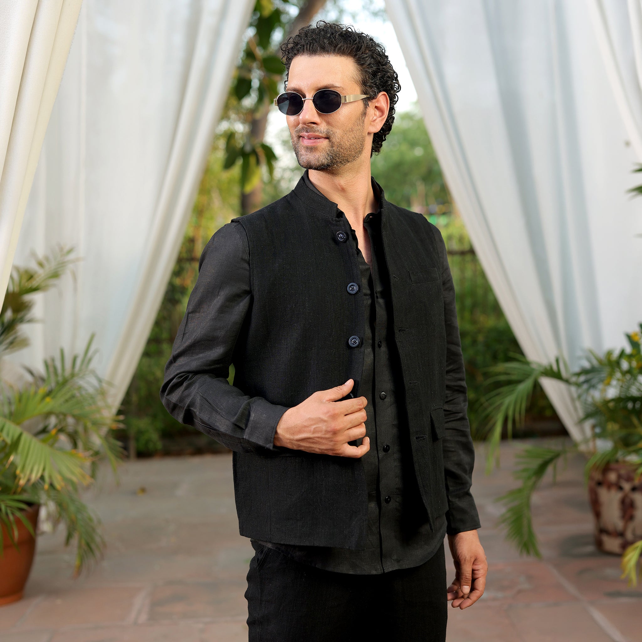 Men’s Black Linen Blend Nehru Waistcoat