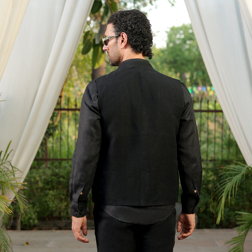Men’s Black Linen Blend Nehru Waistcoat