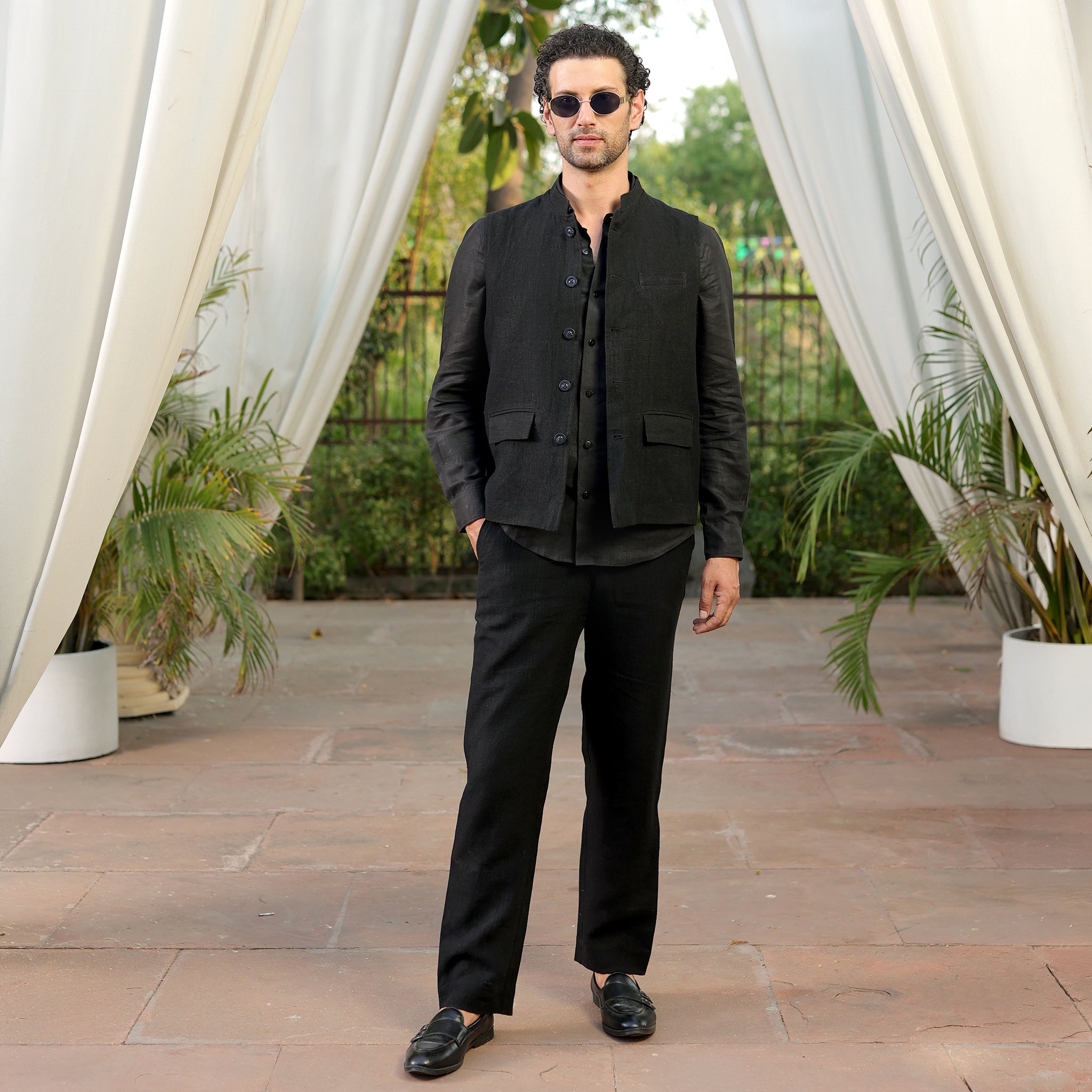 Men’s Black Linen Blend Nehru Waistcoat