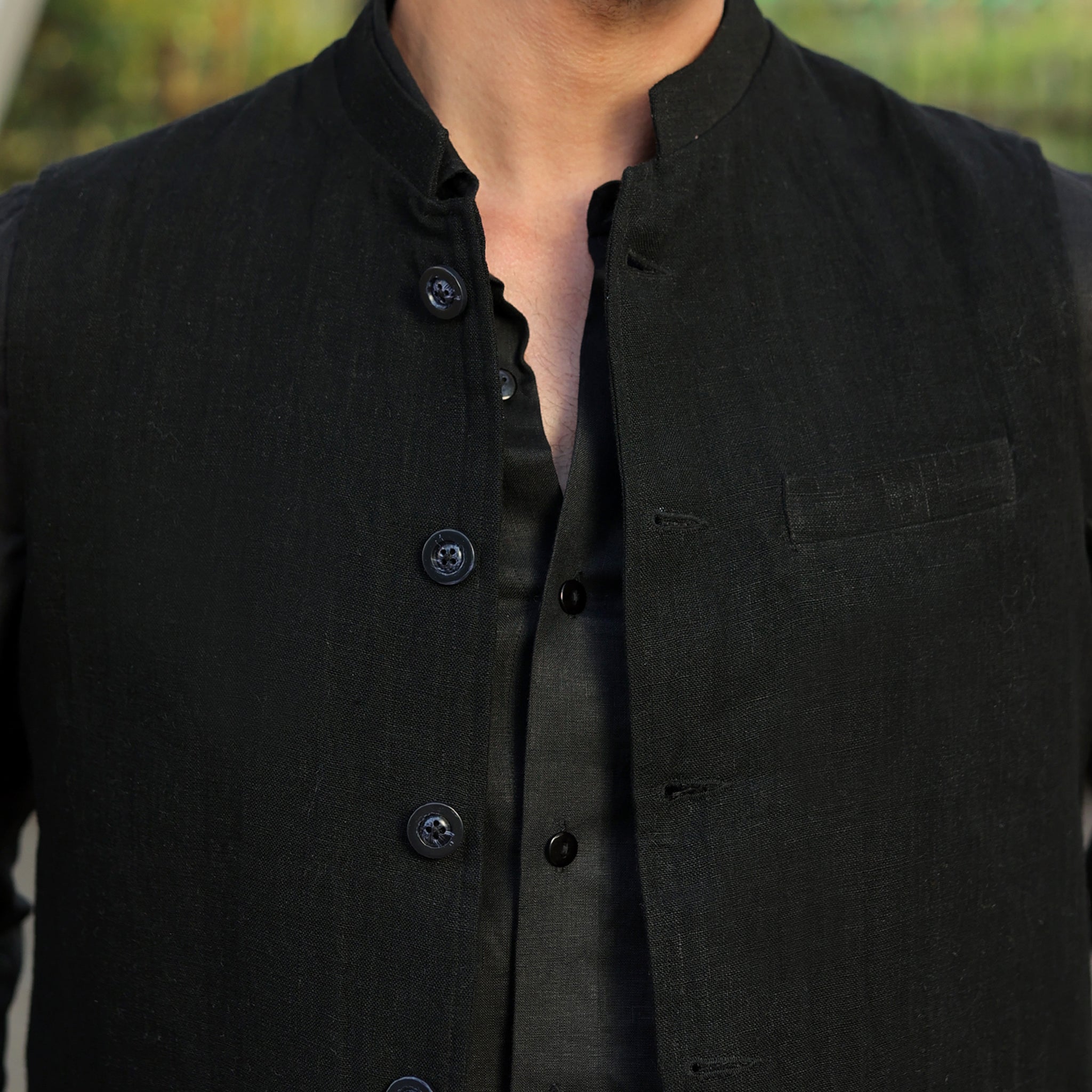 Men’s Black Linen Blend Nehru Waistcoat