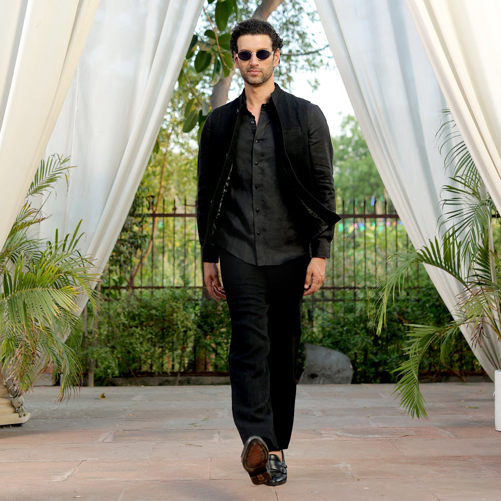 Men’s Black Linen Blend Nehru Waistcoat