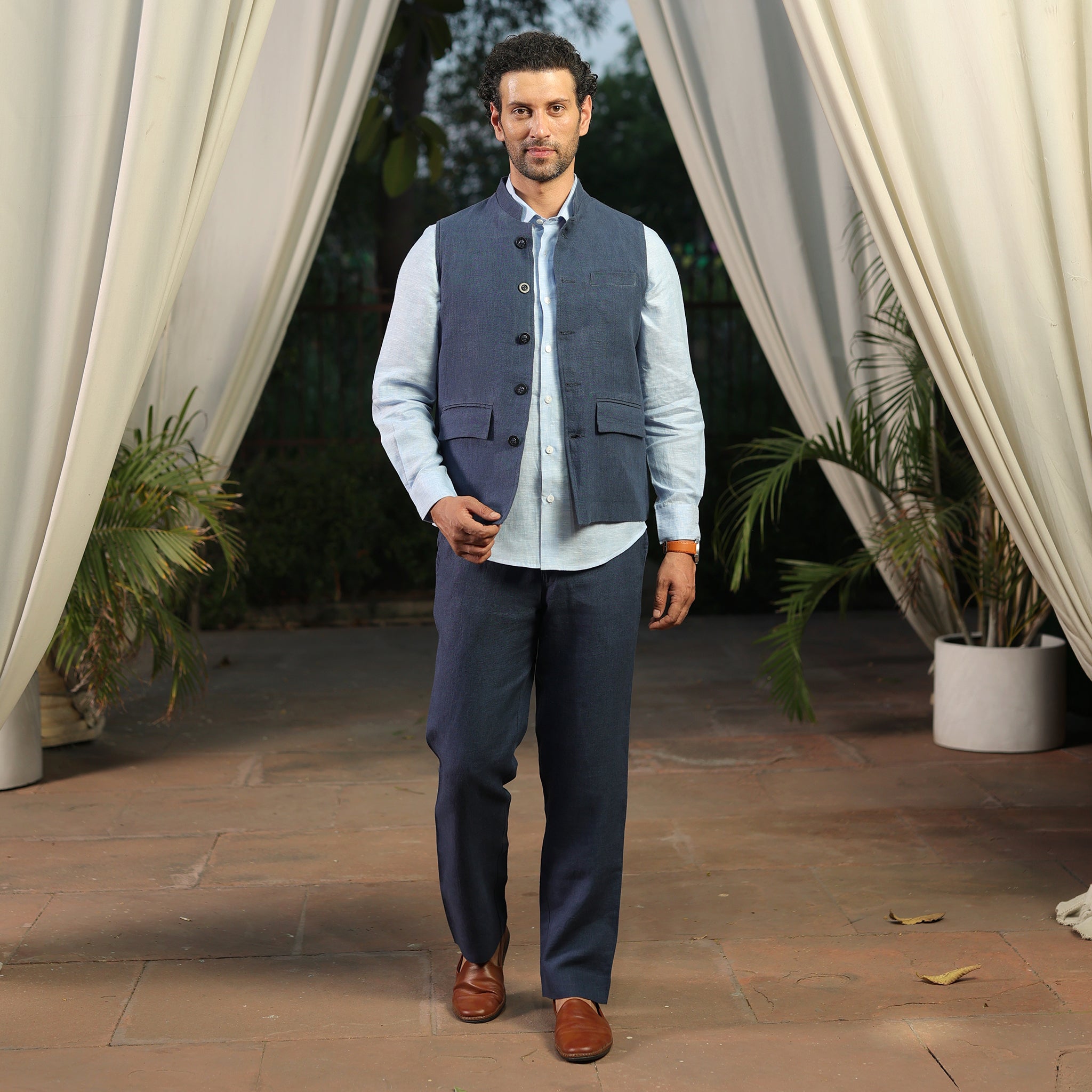 Men’s Blue Linen Blend Nehru Waistcoat