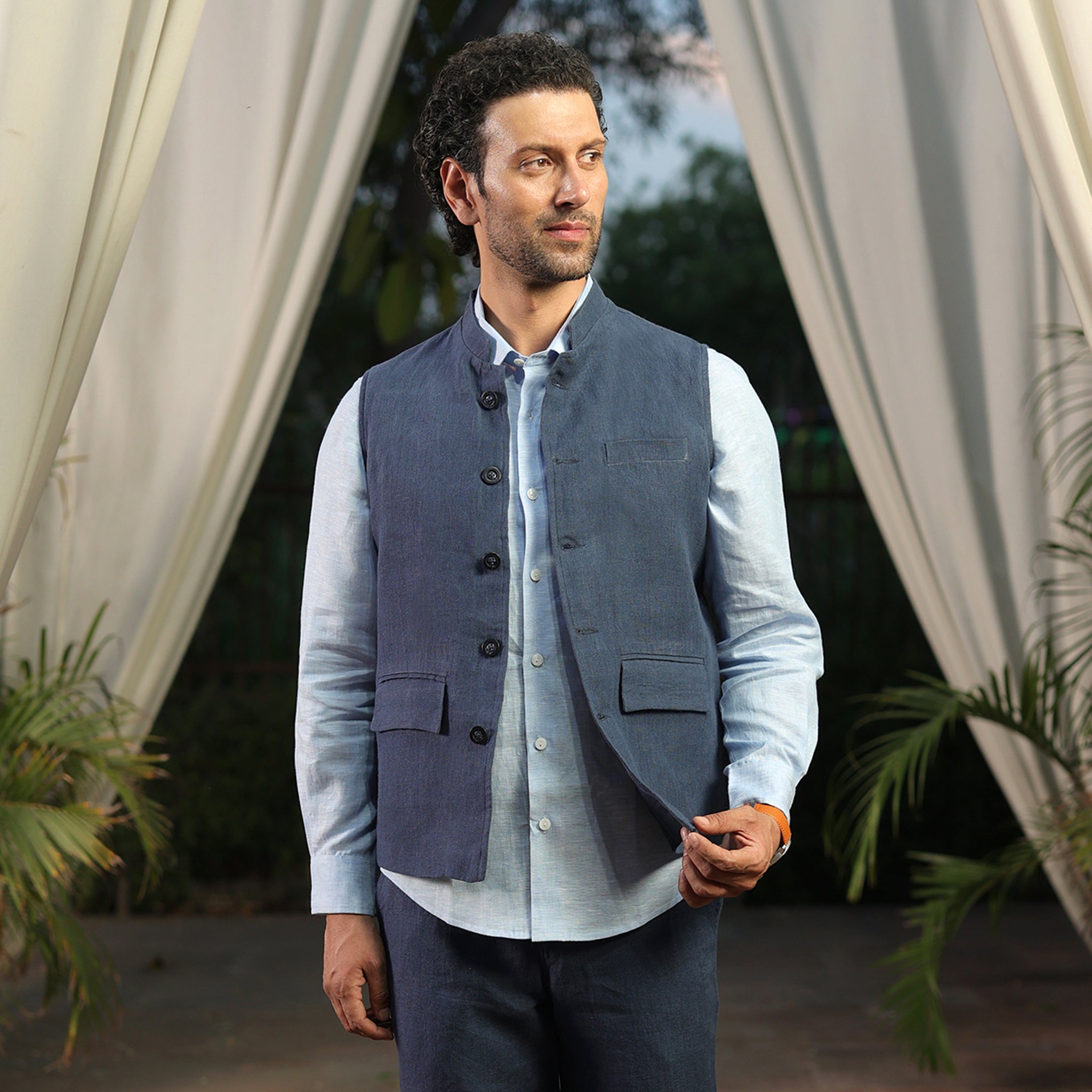 Men’s Blue Linen Blend Nehru Waistcoat