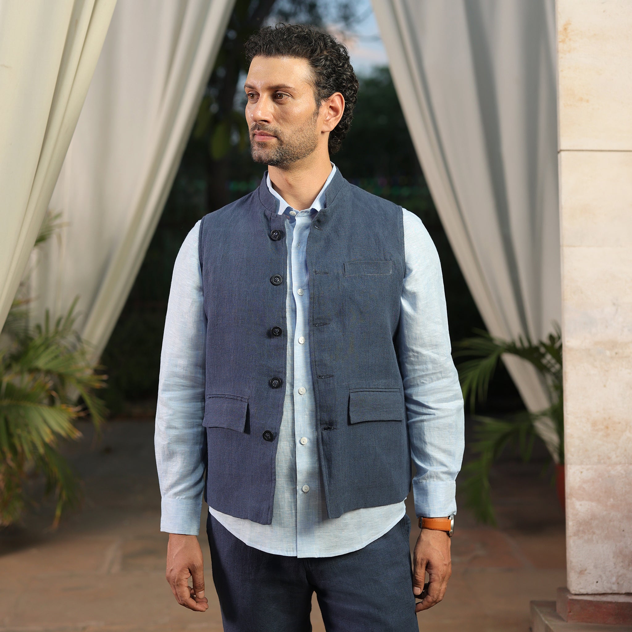 Men’s Blue Linen Blend Nehru Waistcoat