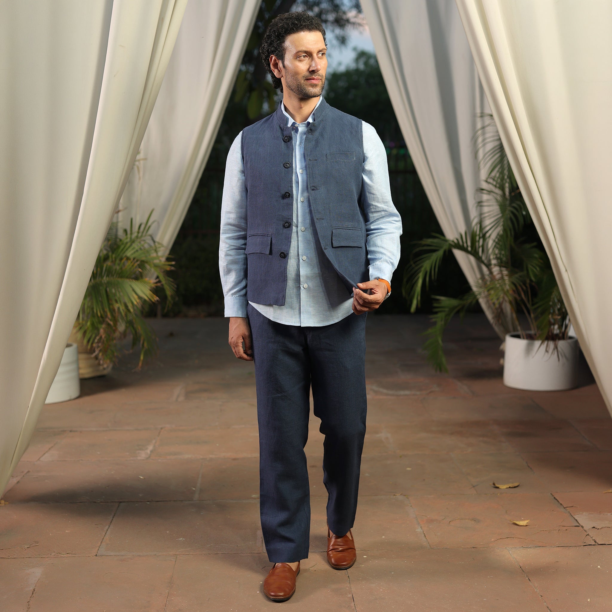 Men’s Blue Linen Blend Nehru Waistcoat