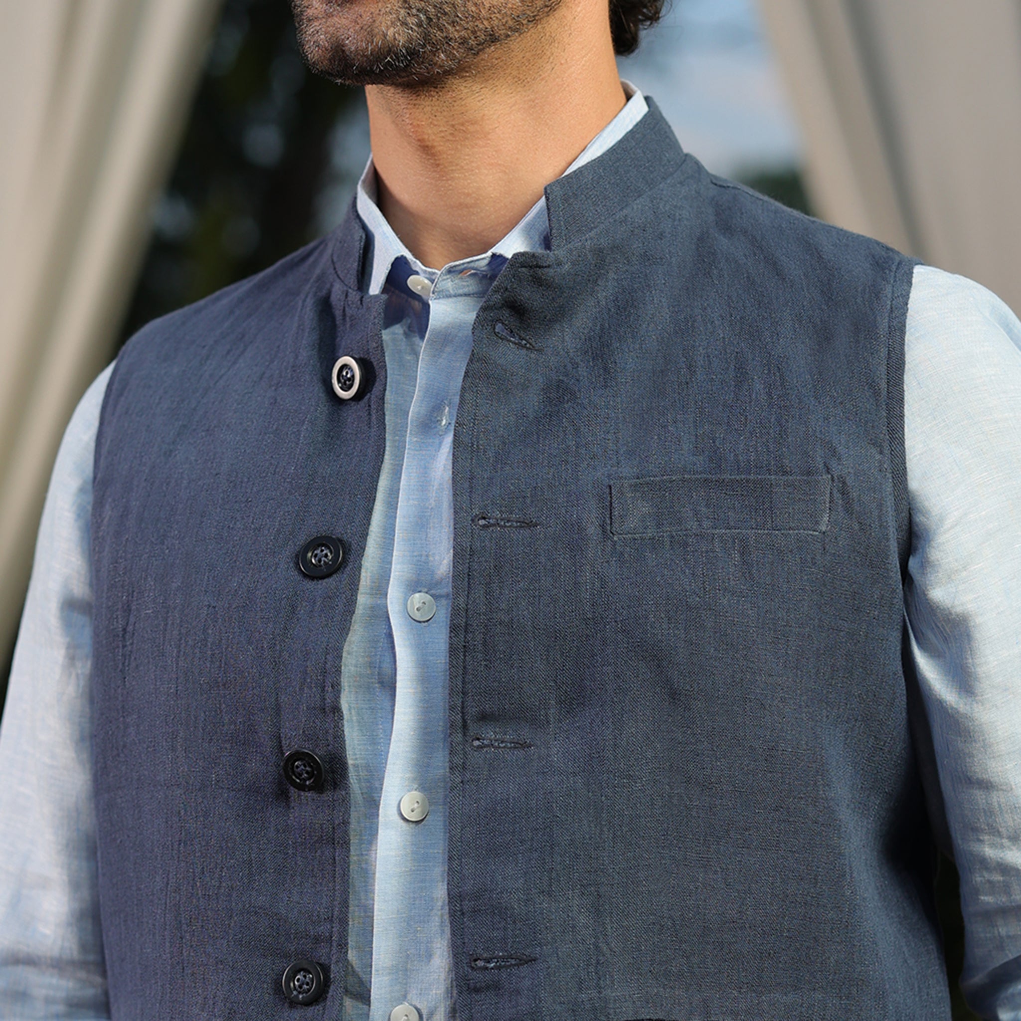 Men’s Blue Linen Blend Nehru Waistcoat