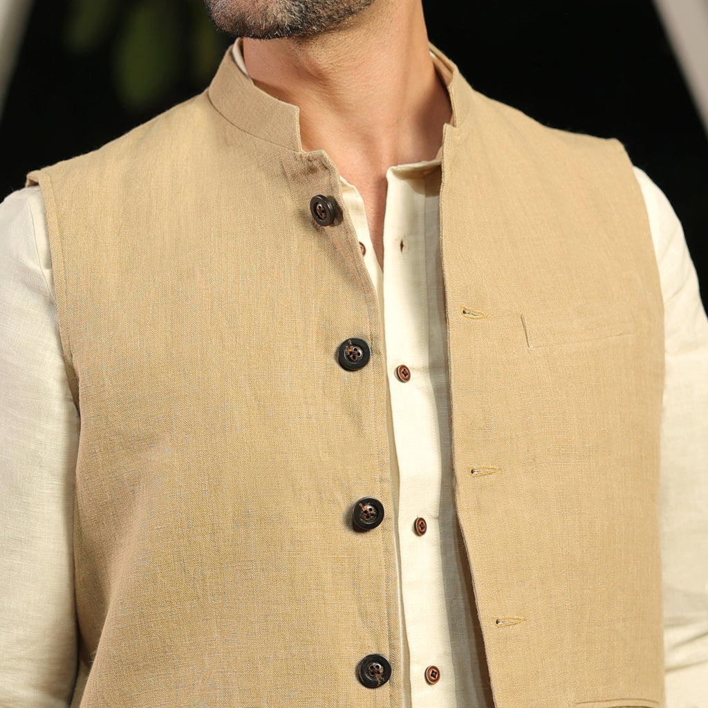 Men’s Beige Linen Blend Nehru Waistcoat