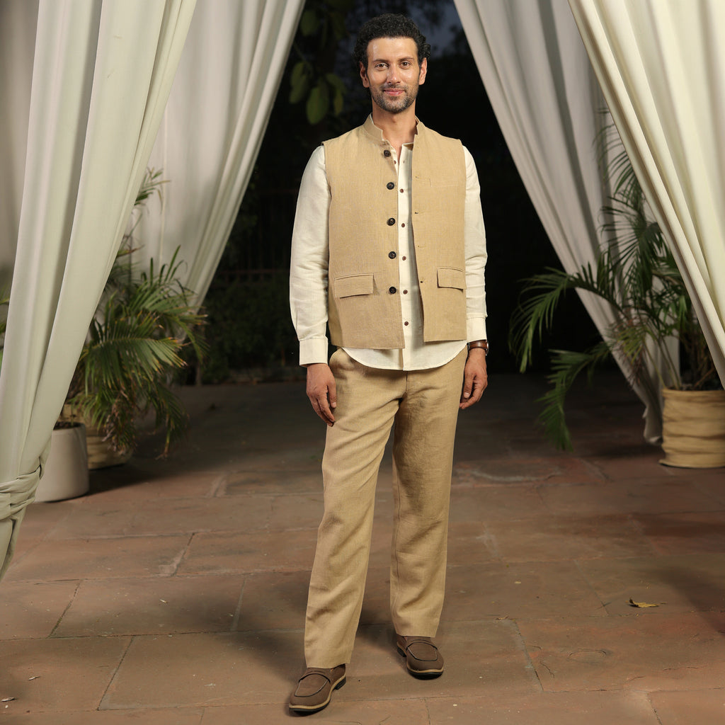 Men’s Beige Linen Blend Nehru Waistcoat